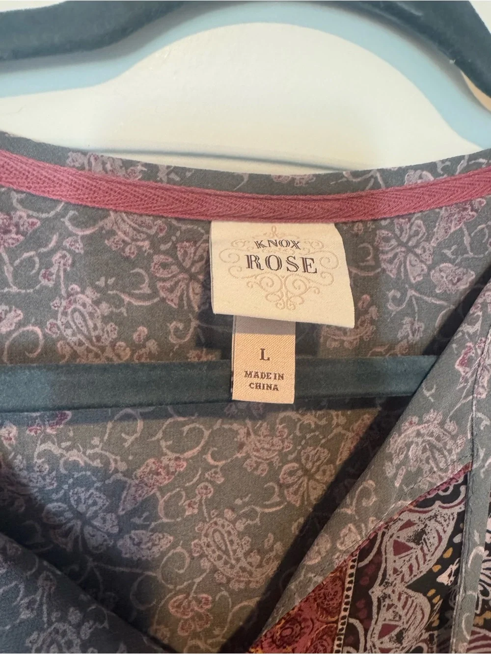 Knox Rose Gray Peasant Blouse with Burgundy Accents - Picture 3 of 3